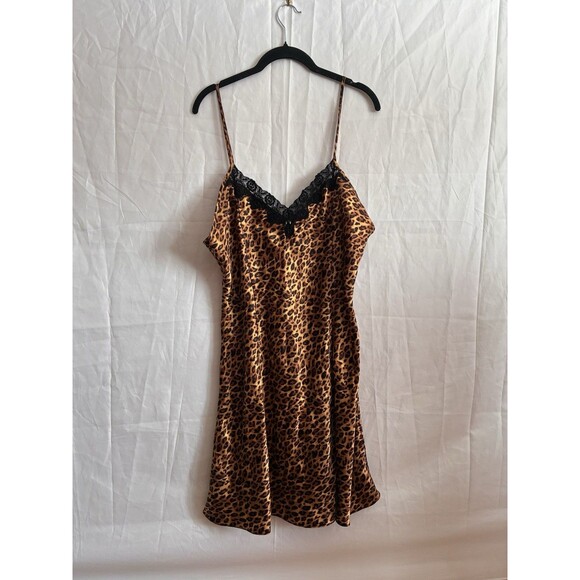 Sophia by Delicates Leopard Satin Slip Dress L Nightgown Chemise Black Lace Y2K - Picture 1 of 9